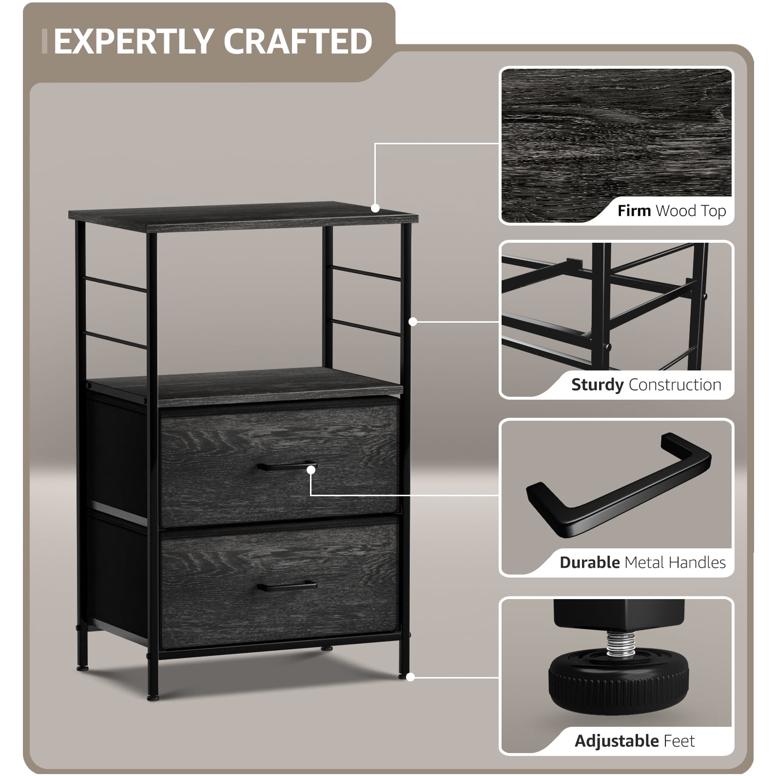 Sorbus 2-Drawer Nightstand with Fabric Drawer, Steel Frame and Open Shelf, Rustic Black