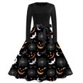 thumbnail image 1 of Vestido de Halloween de manga larga para mujer con estampado de fantasmas y murciélagos, vestido midi vintage de corte A con cinturón, 1 of 3