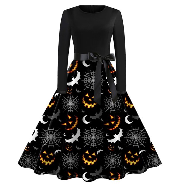 Vestido de Halloween de manga larga para mujer con estampado de fantasmas y murciélagos, vestido midi vintage de corte A con cinturón