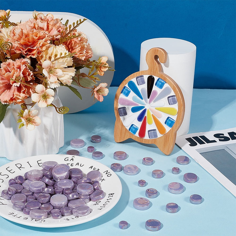 4 Styles Glass Cabochons Mosaic Pieces Mosaic Tiles for Arts DIY Crafts Flat Round Purple 10-19x5.7-6mm 200pcs/set for DIY