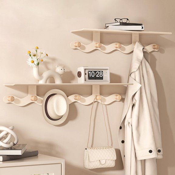 Wall Mounted Coat Rack with Shelf, Wood and Metal 5/6 Hook Wall Organizer for Entryway, Bathroom and Kitchen Towel, Clothes and Key Storage