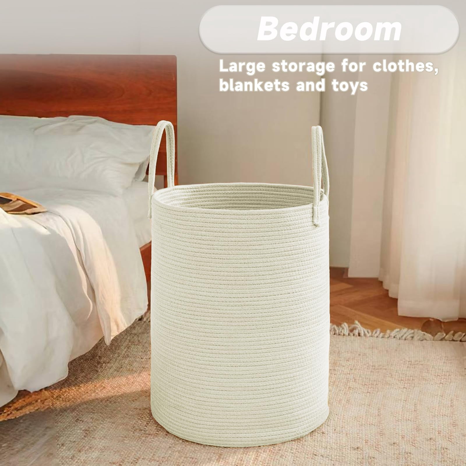 Large Woven Laundry Basket Hamper,60L Cotton Rope Storage Bin for Blankets,Toys and Clothes,Decorative Tall Nursery Hamper for Living Room,Baby Nursery,Bathroom and Bedroom
