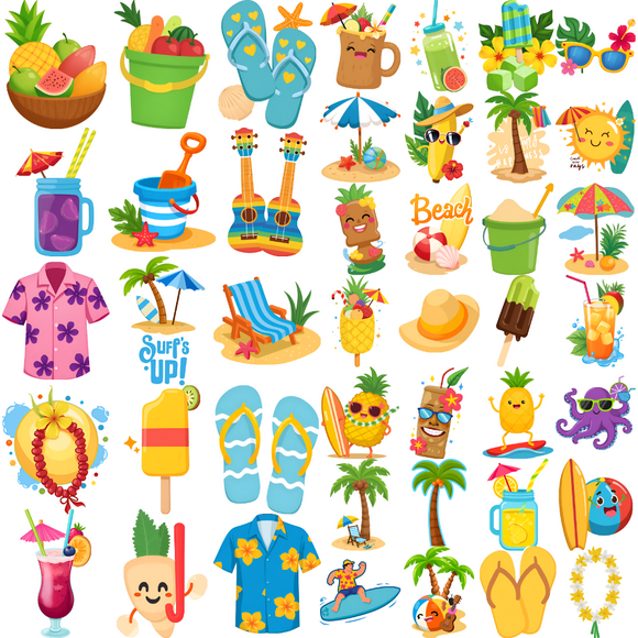 54 Temporary Tattoo Stickers Waterproof Long-lasting Body Stickers Hawaiian Beach Coconut Tree Ice Cream Swimming Ring Kids Boys Girls Tattoo Stickers Arm Forearm Shoulder Cheek