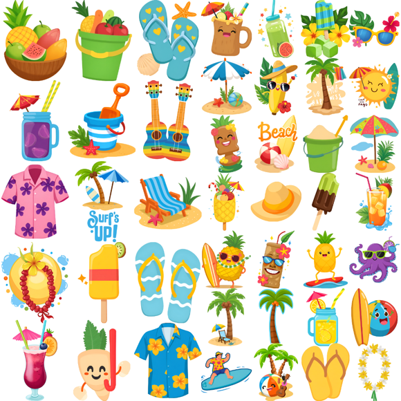 54 Temporary Tattoo Stickers Waterproof Long-lasting Body Stickers Hawaiian Beach Coconut Tree Ice Cream Swimming Ring Kids Boys Girls Tattoo Stickers Arm Forearm Shoulder Cheek
