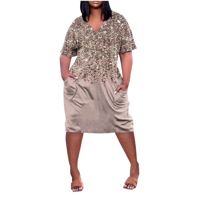 Robes d'Été pour Femmes Mode Imprimée Col en V Confortable Manches Courtes Longueur Genou avec Poches Robe de Printemps Kaki L