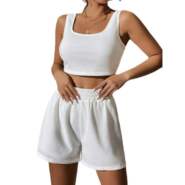 Ensemble Sans Manches Tricoté pour Femmes style Fille d'Été Frais et Doux Mode Décontractée Couleur Unie