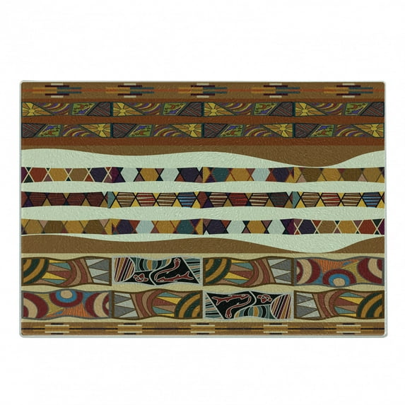 Tribal Cutting Board, Traditional Folk Cultural Featured Trippy Boho Abstract Design, Decorative Tempered Glass Cutting and Serving Board, Small Size, Multicolor, by Ambesonne