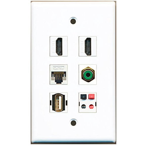 RiteAV - 2 HDMI 1 Port RCA Green 1 Port USB A-A 1 Port Cat5e Ethernet White 1 Port Speaker Wall Plate