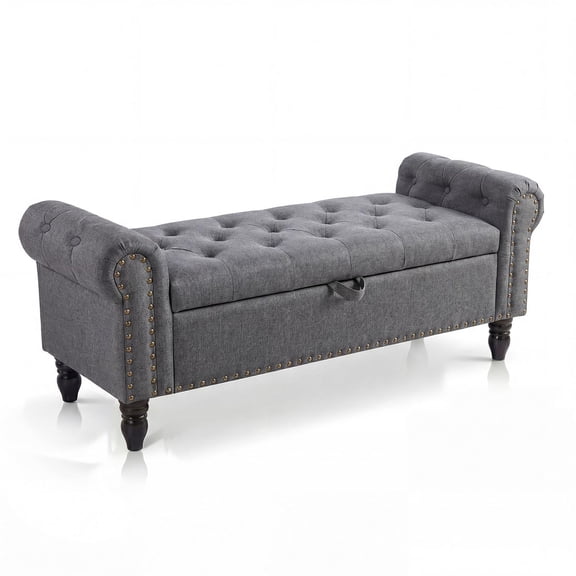 Ataucjin 51 inch Bedroom Storage Bench for End of Bed, Upholstered Ottoman Bench with Button Tufted Design and Rolled Arms, Anti Cotton and Linen Entryway Bench with Safety Hinge for Living Room
