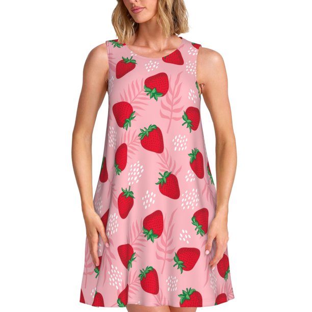 Fotbe Strawberry Vestido de Verano sin Mangas para Mujer – Vestido Midi Línea A, Estilo Camiseta Floral, Vestido Playero Casual y Fluido