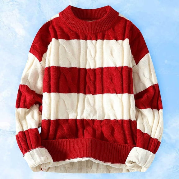 Male Autumn And Winter Crewneck Sweater Loose Thickened Warm Sweater Striped Knit Sweater