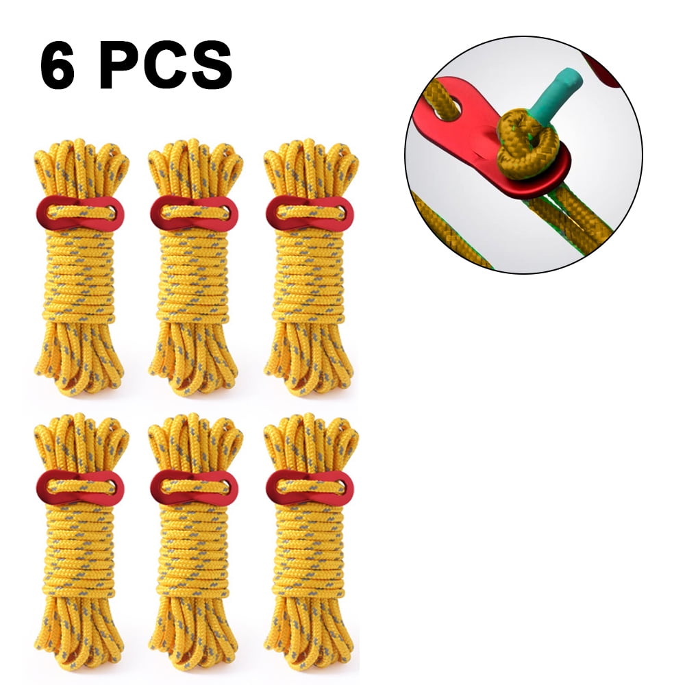 6 Pack Reflective 4mm Tent Cords Ultralight Camp Ropes with Aluminum