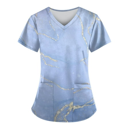 

TQWQT Scrub Tops for Women Marble Printed Short Sleeve Nurse Working Uniform Summer V Neck Holiday Tunic Blouse with Pocket Sky Blue XXL