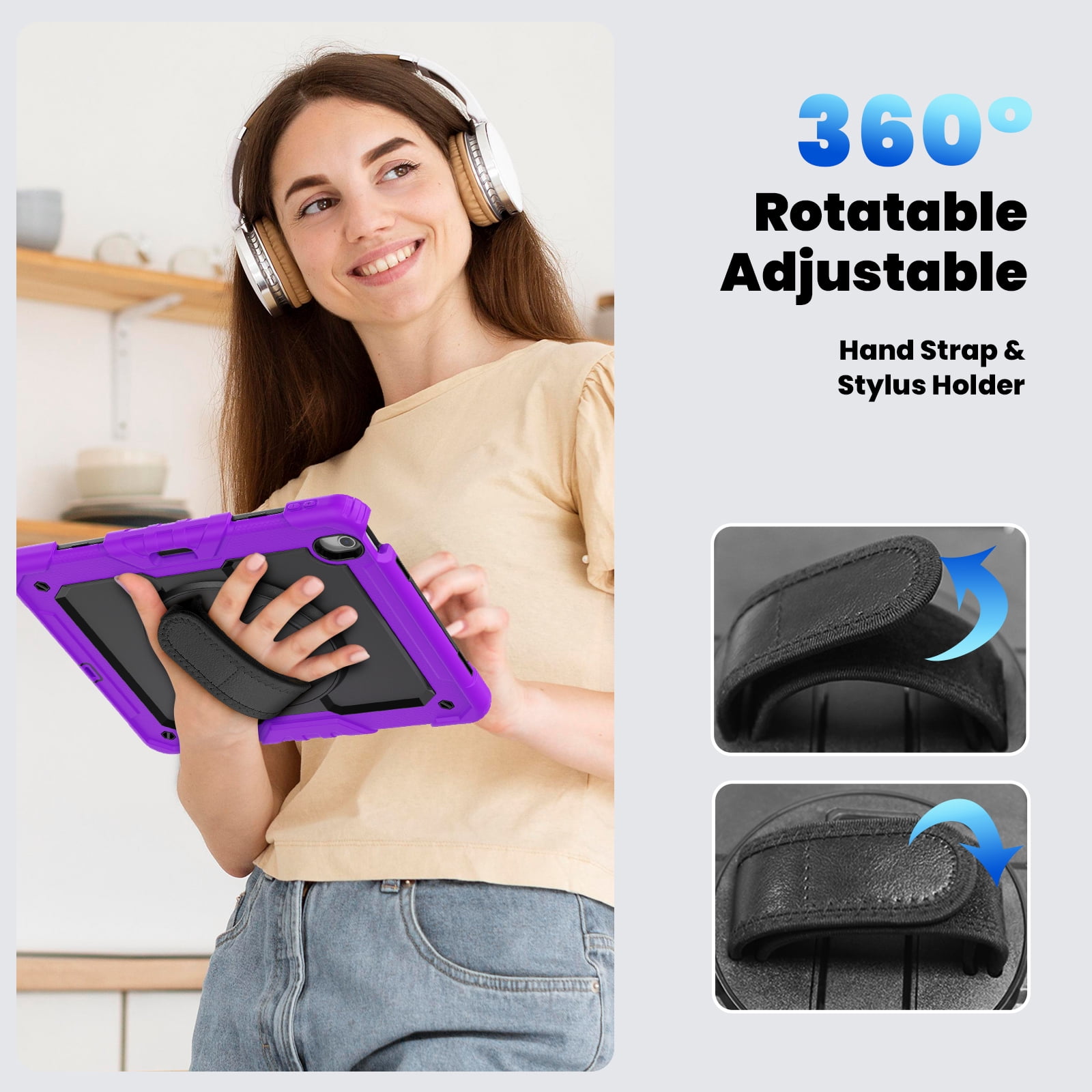 Allytechgroup iPad Air 13 2024 Case with Screen Protector / Shoulder Strap/ Pencil Holder, Heavy Duty Shockproof Rugged Handle Kickstand Bumper Case Cover for Apple iPad Air 13 Inch 2024 M2,Purple