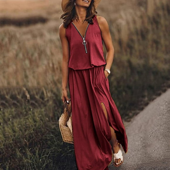 Meichang Maxi Dresses for Womens Sexy Zipper V Neck Side Slit Long Dresses Sleeveless Solid Color Dresses Loose Fit Pleated Dresses Casual Swing Dresses