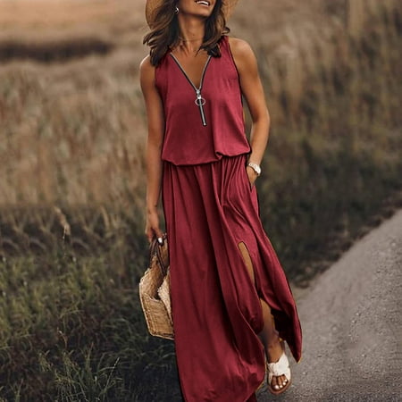 

Leesechin Deals Womens Skirts Maxi Dresses Off Shoulder Sexy Summer Loose Sleeveless V-neck Zipper Solid fork Opening Dress on Clearance