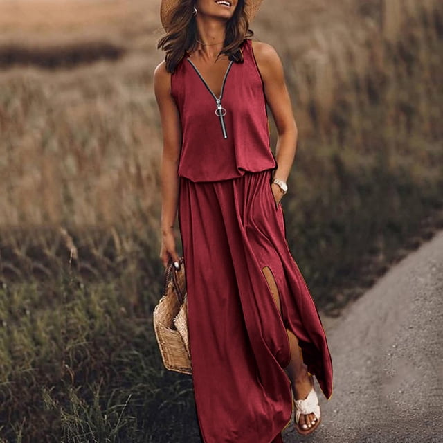 Robes pour Femmes 2023 Mode Robe d'Été Sexy Décontractée Sans Manches Col en V Fermeture Éclair Fendue Robe de Soirée Élégante en Solde