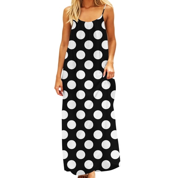 DHFJKG Womens Backless Maxi Dresses Casual Polka Dot Spaghetti Straps Loose Fit Scoop Neck Beach Sundress Trendy Dresses