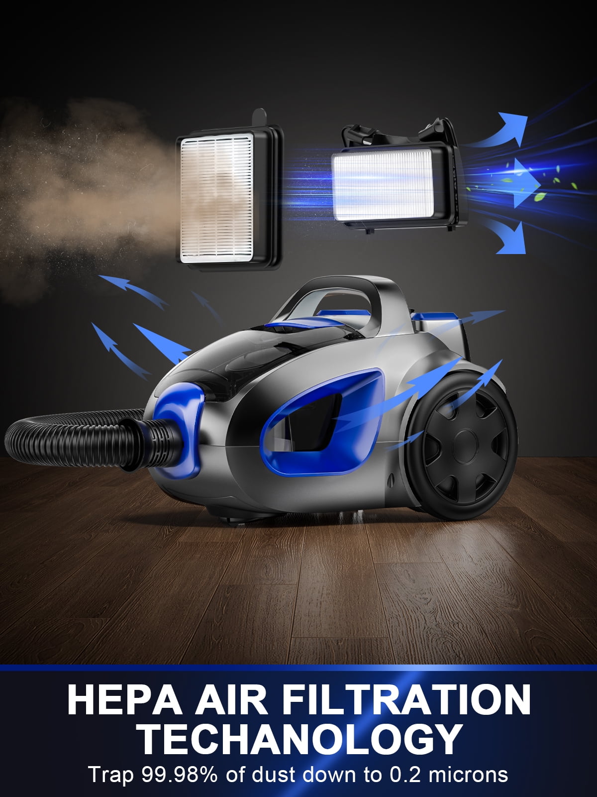 Canister Vacuum Cleaner, 32Kpa 1600W Bagless Vacuum Cleaner, Dust Full Indicator, H13 HEPA Filter, 3.7Qt Large Capacity, Lightweight Vac for Hard Floors, Carpet, Pet, Upholstery, Blue
