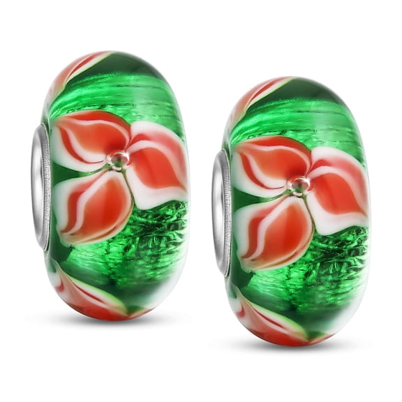 Bling Jewelry Womens Set of 2 Red Green Murano Glass Christmas Charm Bead Silver for Bracelets