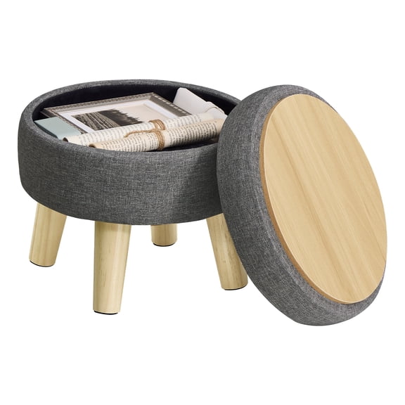 SONGMICS Storage Ottoman, Foot Stool, Round Ottoman with Padded Seat,Foot Rest with Wood Legs, Small Table, 12.2 Inches, Linen-Look Fabric, Slate Gray