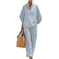 thumbnail image 2 of Cotton Linen Sets for Women Batwing Sleeve Henley Shirt Wide Leg Pants Set Summer Casual Outfit, 2 of 7