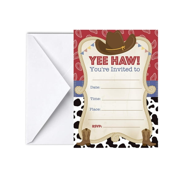 Cowboy Invitations for Birthday Party 12 count, 5x7, Western Baby Shower Themed, Howdy Rodeo Invites