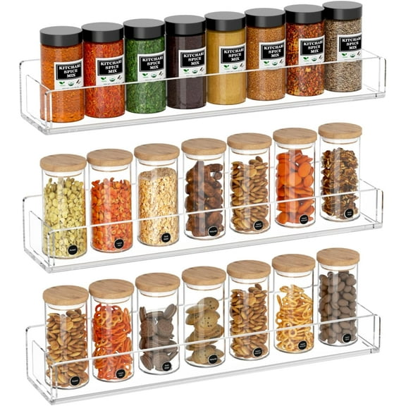 Wall Mounted Spice Rack Organizer,3 Pack Clear Acrylic Spice Shelf Storage Holder,Hanging Seasoning Rack Organizer for Wall Kitchen Pantry Cabinet Door
