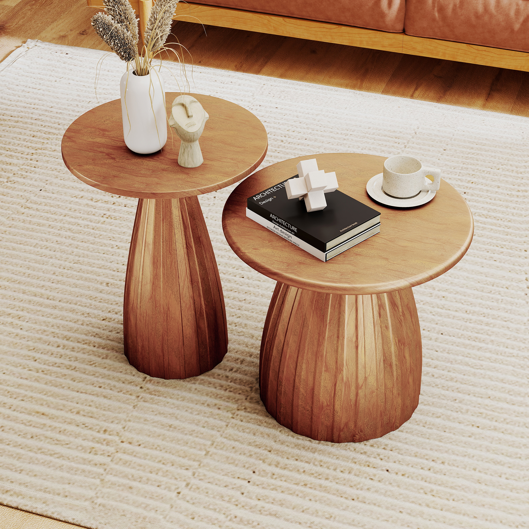 Outdoor Side Tables Set of 2, Small Round End Table, Weather Resistant Metal Steel Side Table for Patio Yard Balcony Garden Bedside, No Assembly, Brown