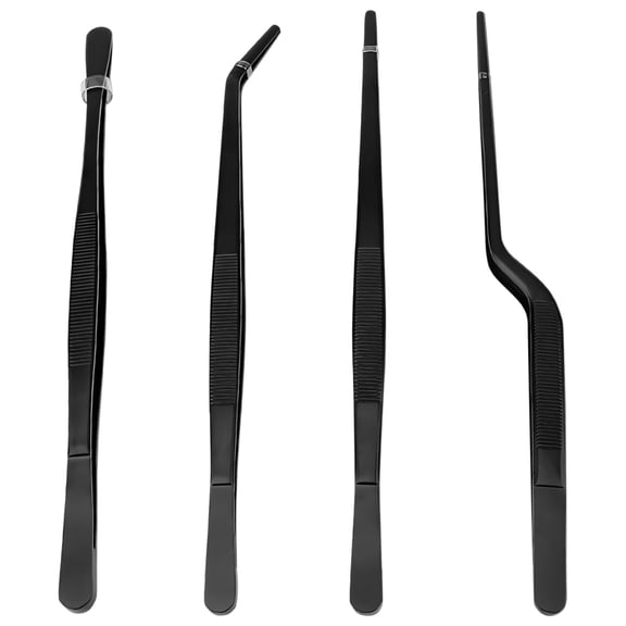 4 Pcs Black Grill Tongs, Stainless Steel Tweezers Set, Professional Multi-Shape Plating Tongs, Precision Kitchen Barbecue Utensils for Cooking & Serving