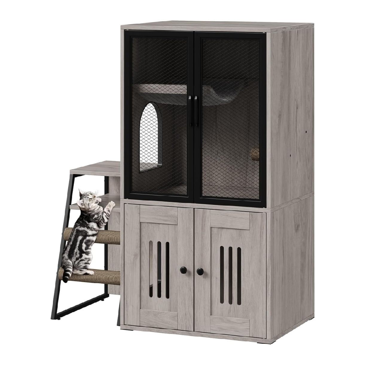 2-Tier Cat Litter Box Furniture - Enclosed Hidden Litter Box Cabinet with Doors, Storage Shelf & Step Ladder - Discrepet Cat Toilet Furniture for Home Decor, Large Size for Multiple Cats