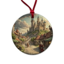 Medieval Kingdom Village with Castle Christmas Tree Holiday Round Ceramic Ornament
