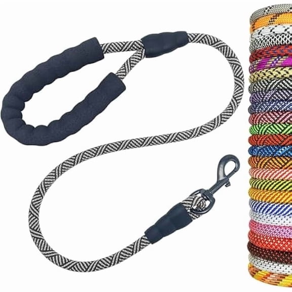 Eryueer Heavy Duty Rope Dog Leash, 3/4/5/6/7/8/10/12/15/20FT Nylon Pet Leash, Soft Padded Handle Thick Lead Leashes for Large Medium Dogs (Black, 1/2" * 3')