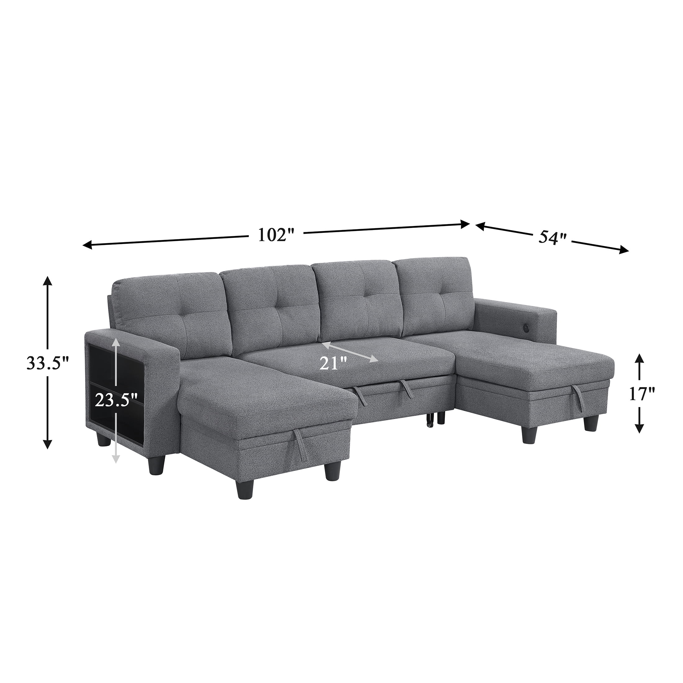 OakvillePark Vessarion Boucle Sectional with Two Chaises, Pull-out Bed, Shelves and Charging Ports, Gray