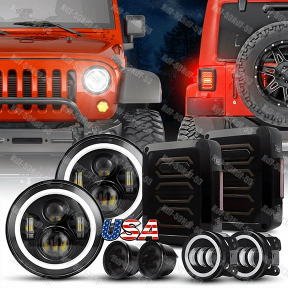 2007-18 For Jeep JK JKU Combo 7" LED Halo Headlights Tail Lights Fog Turn Lights