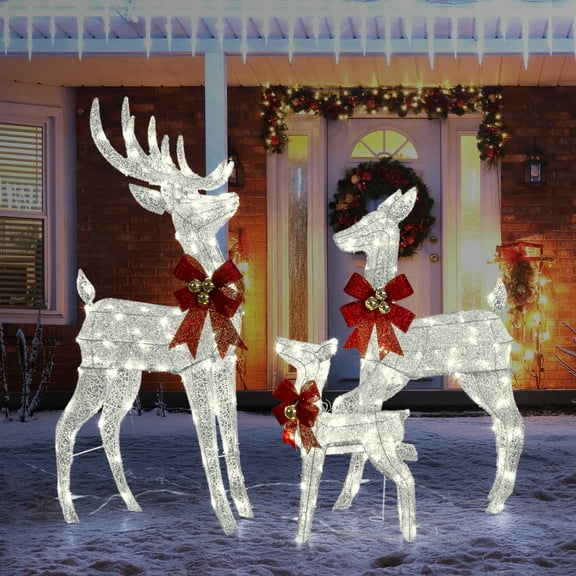 Ktaxon Lighted Christmas 4ft Deer Family Set Outdoor Yard Decoration LED Lights, Stakes - Silver