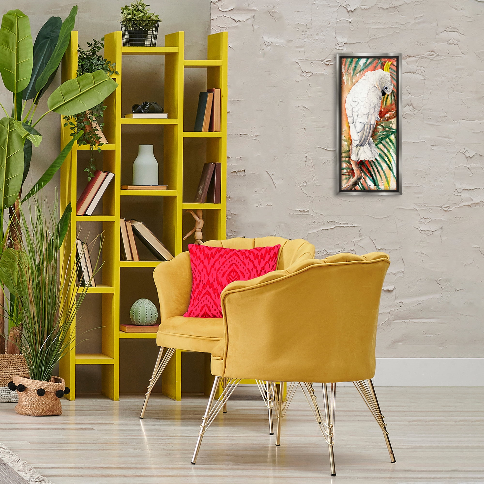 Stupell Industries Cockatoo Among Leaves Animals & Insects Painting Gray Floater Framed Canvas Art Print Wall Art, 11 x 25