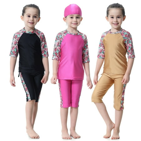 

YIFU Kids Girl Elastic Hijab Cap Short Sleeve Top Pants Swimwear Muslim Beachwear Set