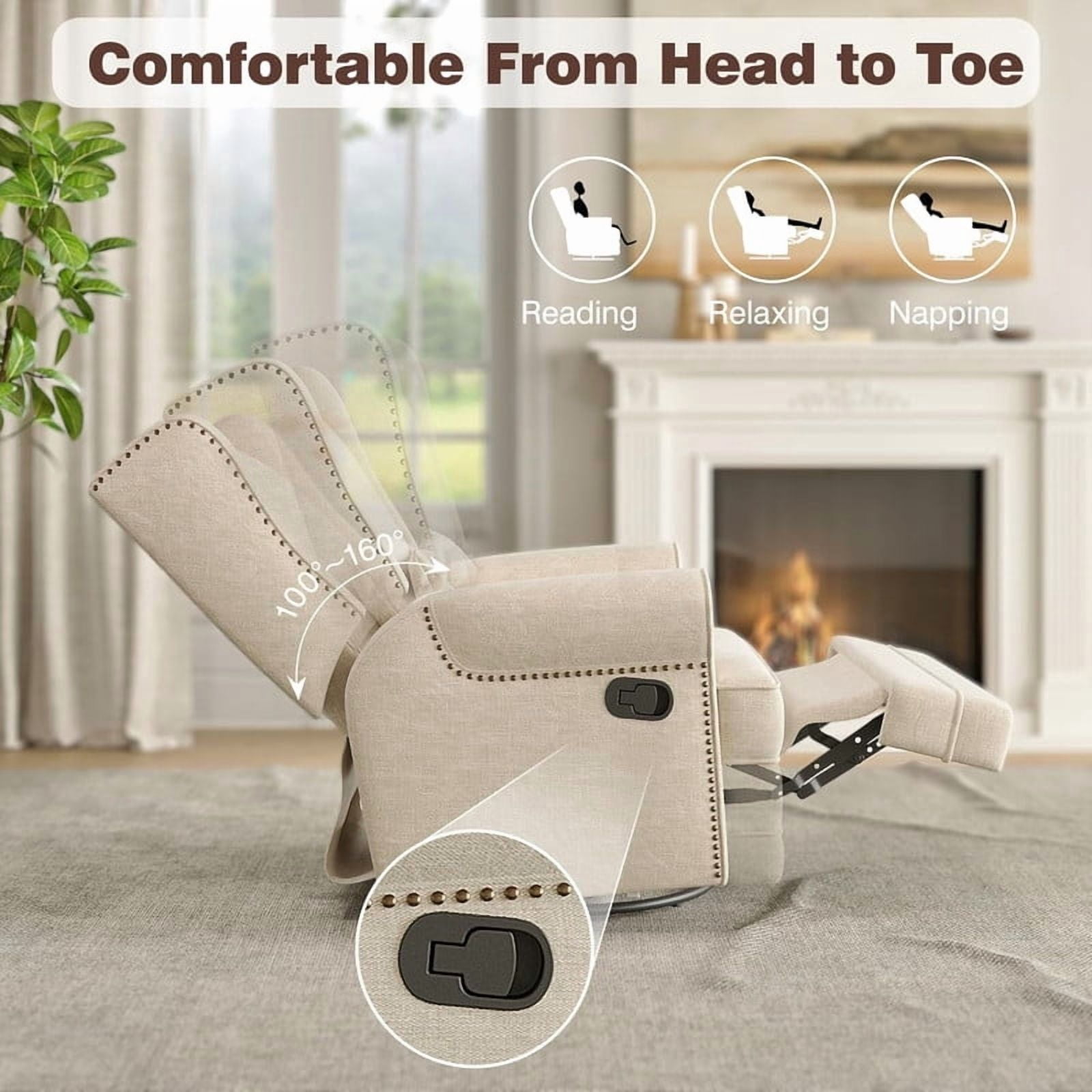 34.25" Extra Wide Swivel Recliner Glider Chair with Rocking, Lounge Chair with Pull-Out Footrest, Waterproof Fabric, Tool-Free Assembly