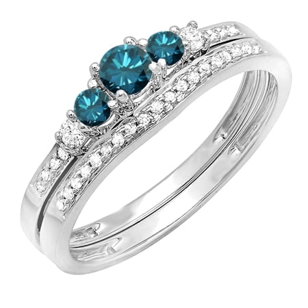 Dazzlingrock Collection 0.45 Carat (ctw) Round Blue & White Diamond 5 Stone Engagement Ring Set 14K White Gold Size 6