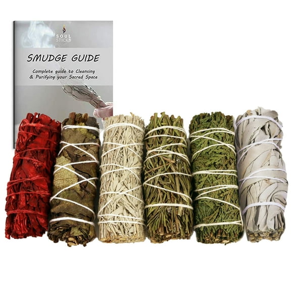 SOUL STICKS Organic Smudge Stick Gift Set 6 Pack Dragons Blood, Black Sage, Rosemary, Eucalyptus, Cedar, Blue Sage. Sustainably Harvested, 4 Bulk Sage Bundles for Cleansing, Meditation &...