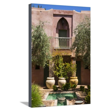 Typical Moroccan Architecture, Riad Adobe Walls, Fountain and Flower Pots, Morocco, Africa Stretched Canvas Print Wall Art By Guy