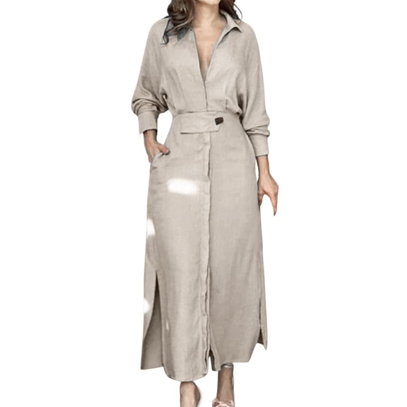 Sngxgn Women's Summer Long Sleeve Dress Crewneck Lace Flowy Tiered Midi Dresses(Beige,L)