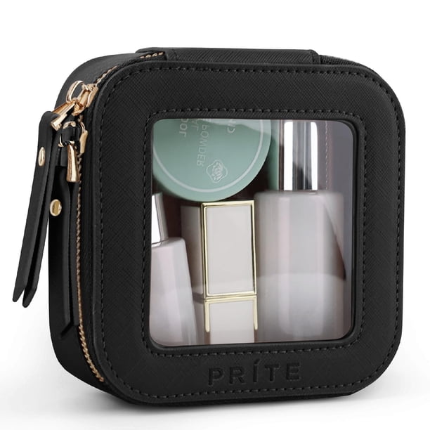 Mini bolsa de maquillaje transparente Prite para monedero, bonita y pequeña bolsa de cosméticos de viaje para mujer, impermeable, neceser de piel para maquillaje con cremallera dorada (negra)