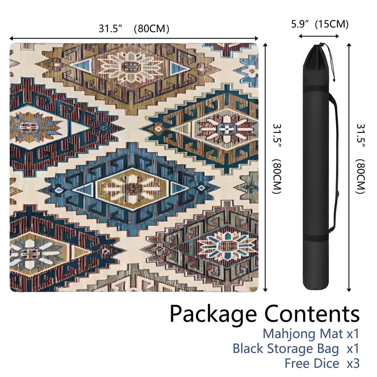 Traditional Boho Style Rubber Mahjong Table Cover 31.5x31.5 Inch Large Mat Features Non-Skid Bottom for Stability and Noise Reduction for Tiles and Games