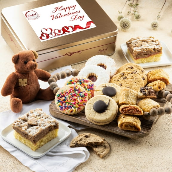 Dulcet Gift Baskets Happy Valentine's Love Day Deluxe Bakery Mix of Assorted Cookies and Pastries with Decorative Teddy Bear for Women, Friends, College, Couples, Husband, Wife, Him & Her