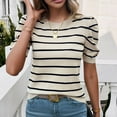thumbnail image 4 of SWSMCLT Women's Soft Knit Tshirt Striped Puff Sleeve Casual Crewneck Knitted Tee Top Short Sleeve Sweater Fall Fashion Cute Loose Spring Apricot X-Large, 4 of 5