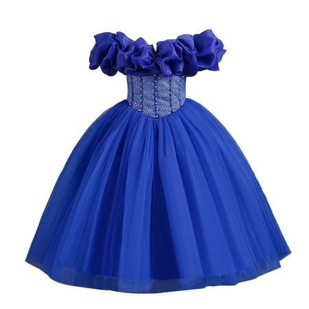 

LIhncine Flower Girl Dress Off the Shoulder Children s Dress Strap Princess Dress Girl Flower Girl Festival Dress Party Dress Girl Gift Princess Dresses for Girls(Blue 4-5 Years)