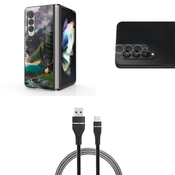 Accessory Bundle for Galaxy Z Fold 4: Slim Snap-On Case (Moose Wilderness), Rear Camera Glass Protector, Nylon Braided USB-C to USB-A Cable (3 Feet)