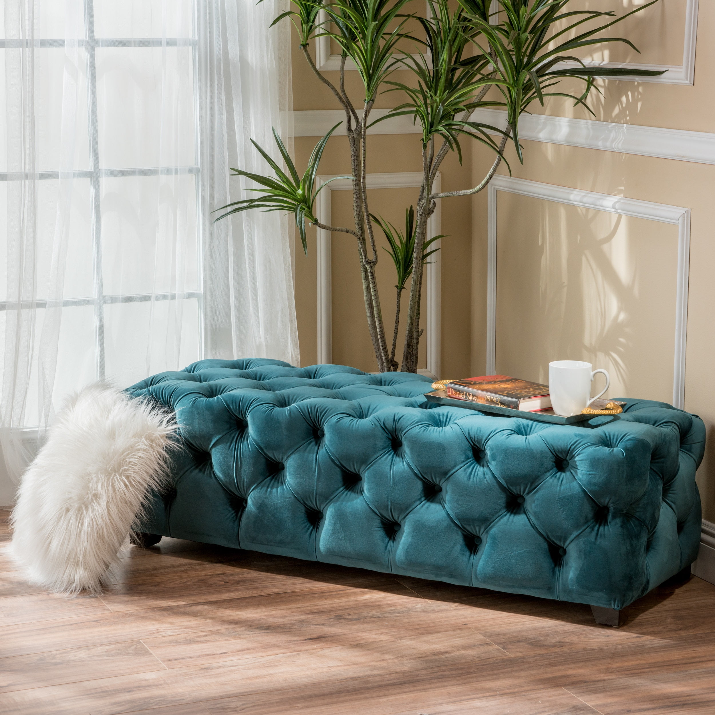 Noble House Gabi Velvet Ottoman, Dark Teal